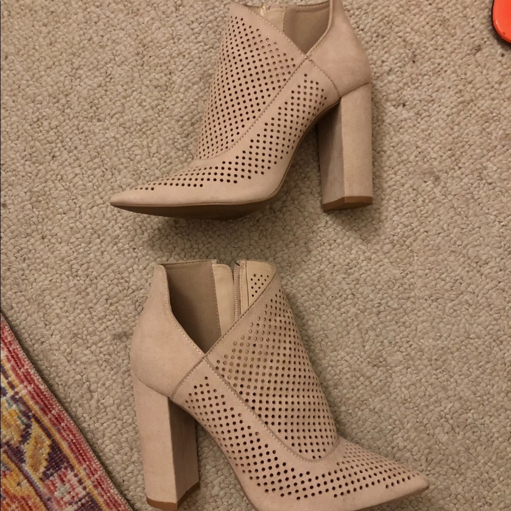 Nude Pointed Toe Perforated Block Heels